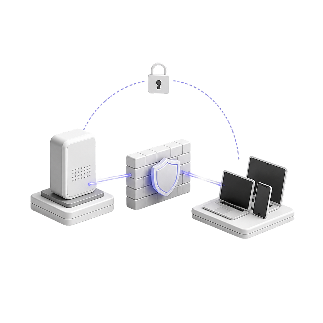 Diagram showing a secured network connection with a lock, firewall, and multiple devices linked.