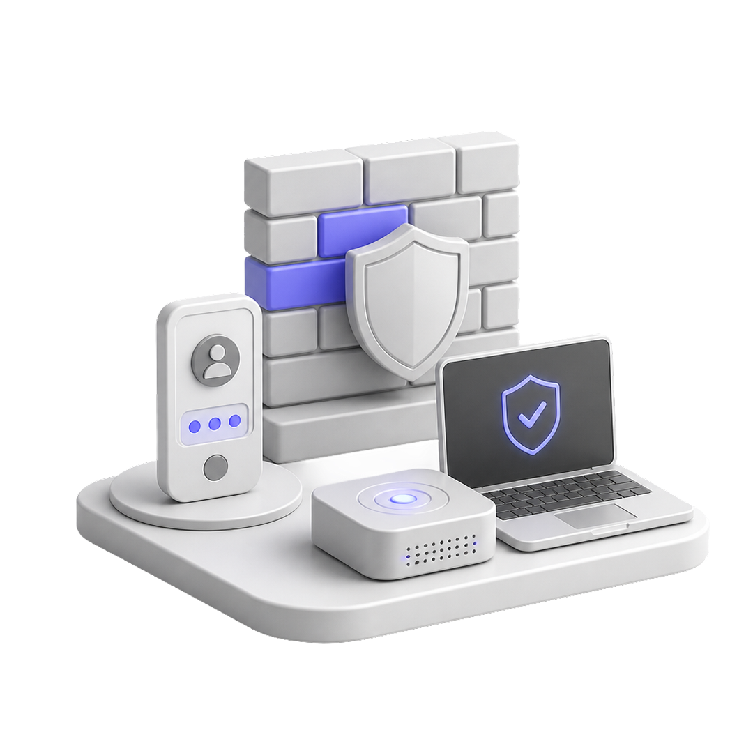 3D security concept with shield, firewall, laptop, device, and network hub icons on a platform.
