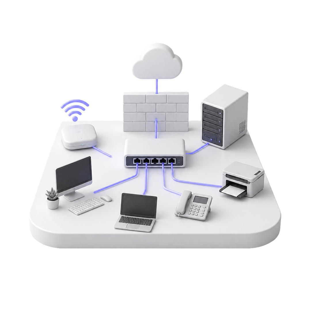 Network diagram with devices connected to a switch, firewall, cloud, server, and wireless access point.