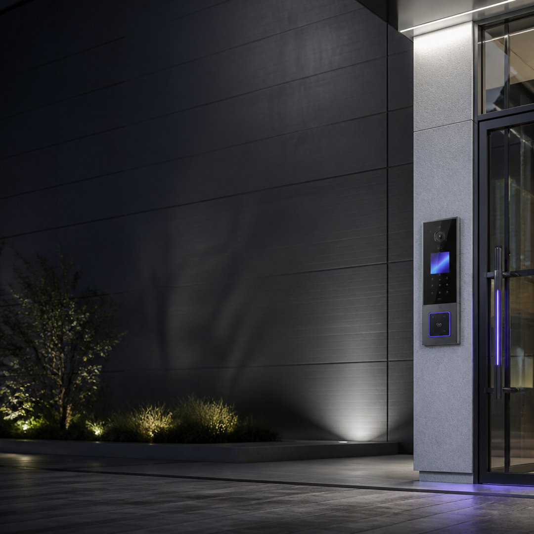 Modern building entrance with glass door and illuminated video intercom system at night.
