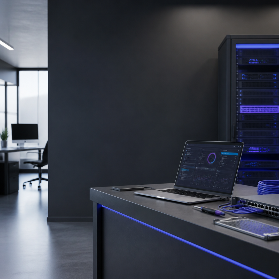 Laptop with network monitoring software on desk near server rack with blue LED lights in office space.