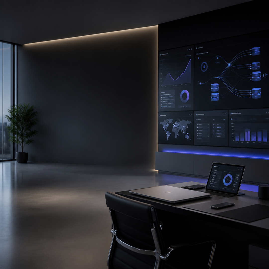 Modern office with a desk, chair, laptop, tablet, and large wall screens displaying data and charts.