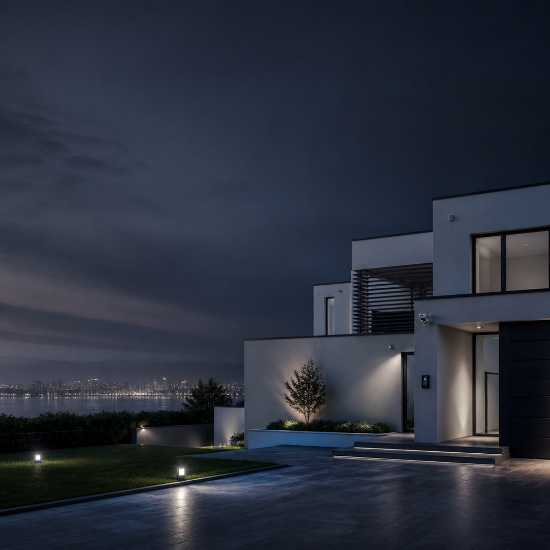 Modern house entrance at night with outdoor lights, lawn, and city skyline in the background.
