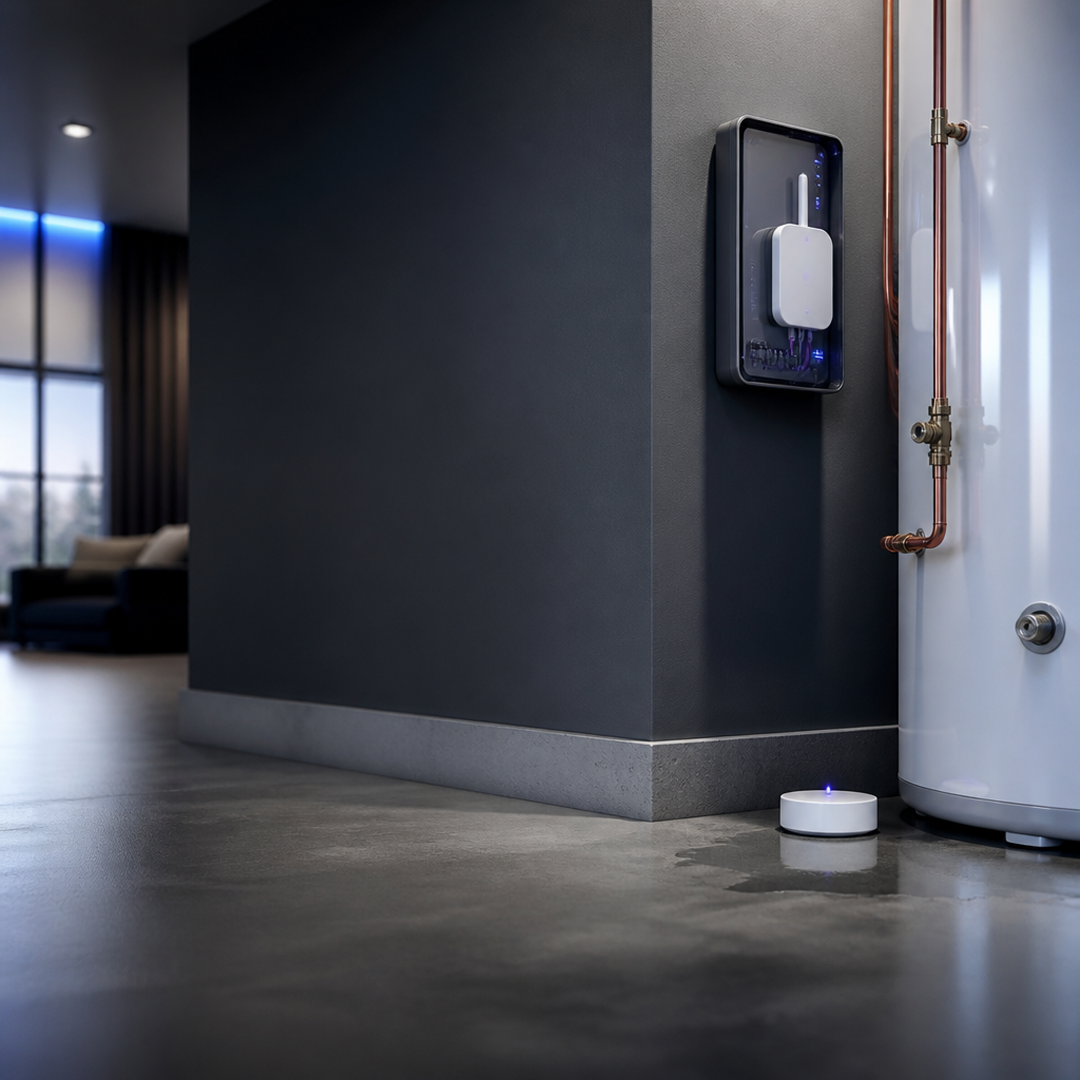Smart water leak detector on floor near hot water heater with copper pipes in modern room.