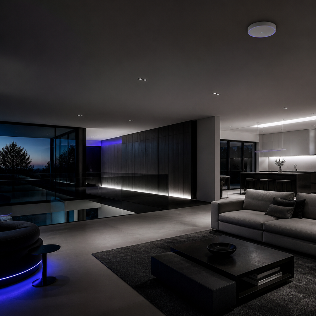 Modern living room and kitchen with dim lighting, dark furniture, and blue accent lighting at night.