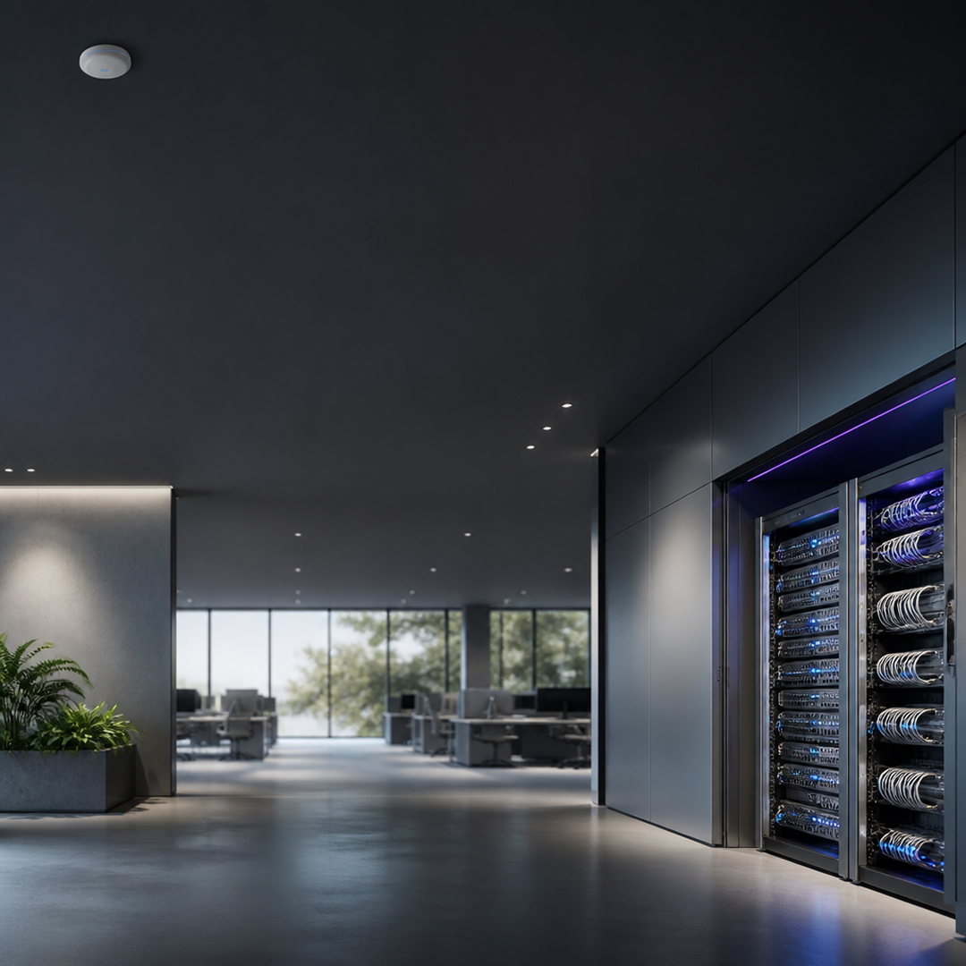 Modern office space with large windows, desks, and an open server rack with blue LED lights.