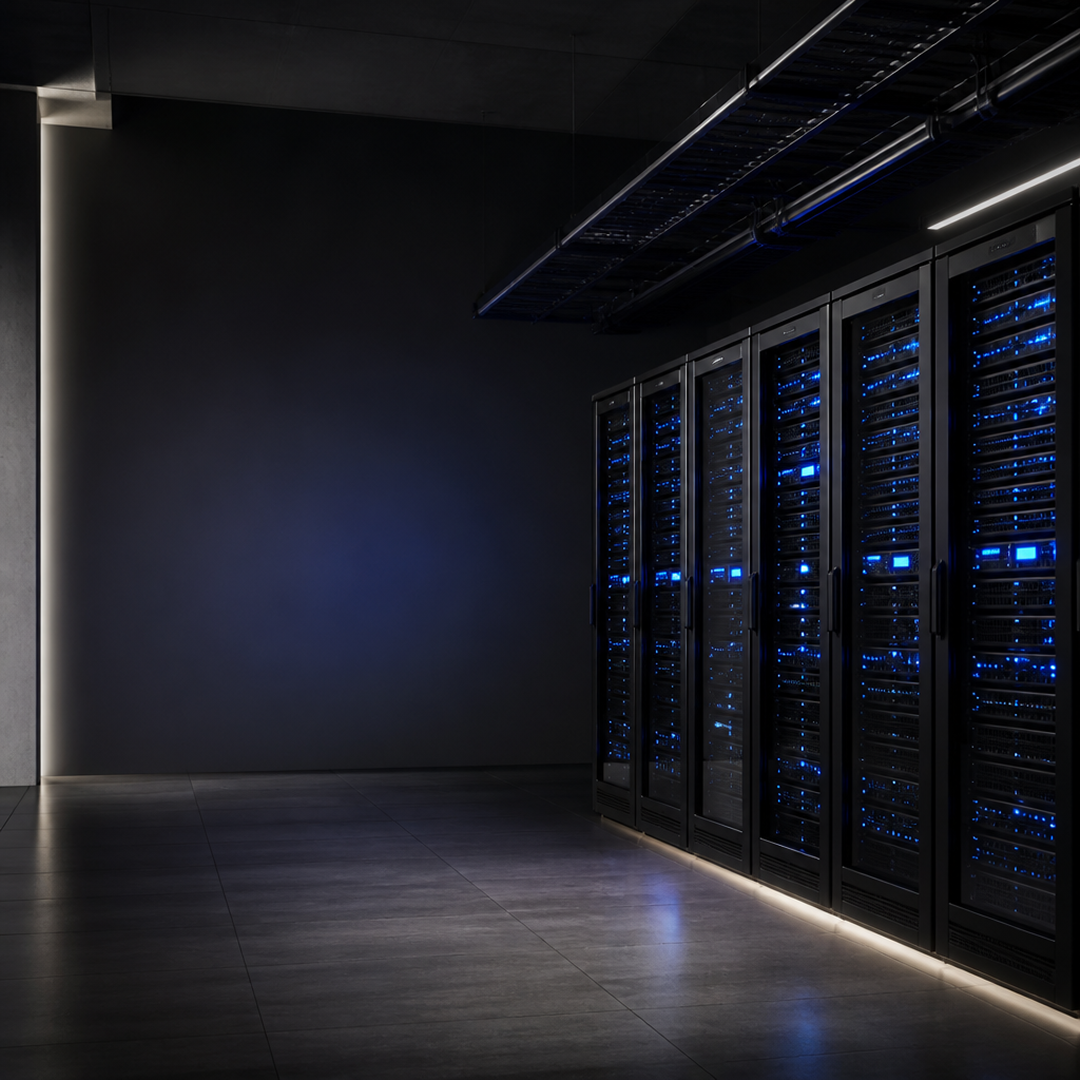 Row of black server racks with blue glowing lights in a dark, modern data center room.