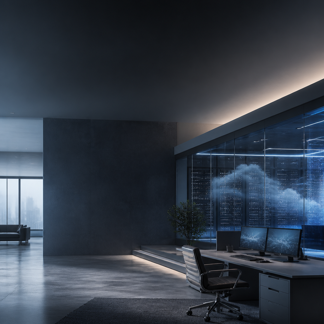 Modern office with a desk, dual monitors, an office chair, and a glass room with glowing data visuals.