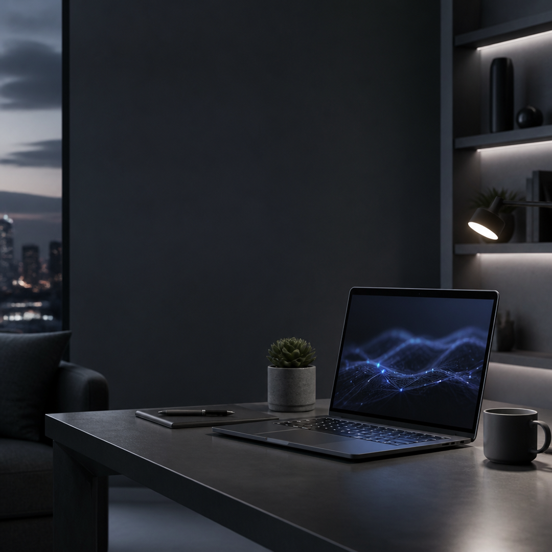 Laptop displaying digital wave pattern on dark desk with notebook, pen, plant, and coffee cup in office.