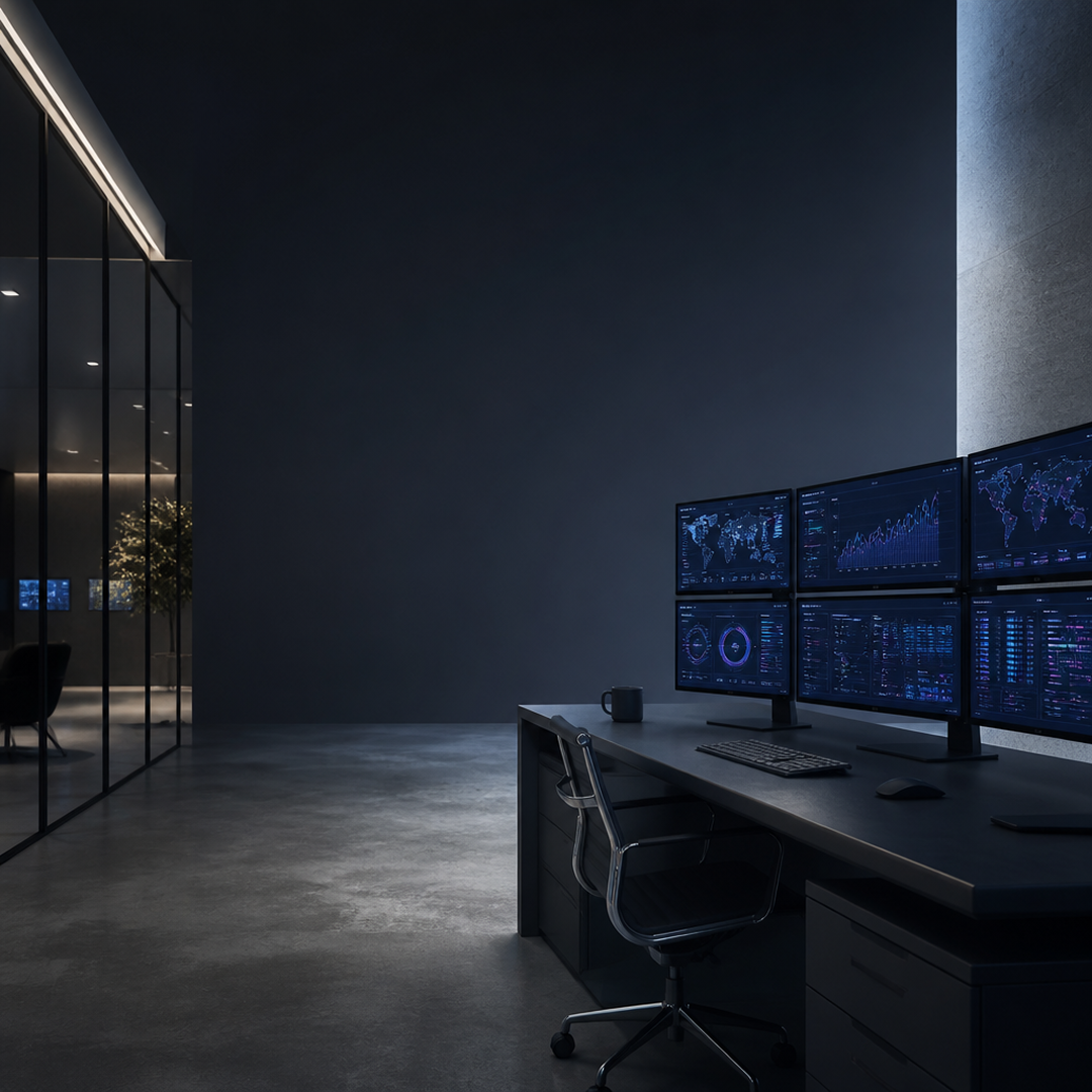 Modern dark office with multiple data screens on a desk and an empty swivel chair.
