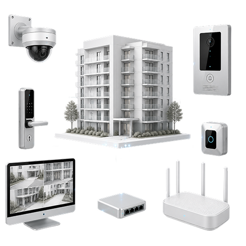 Diagram showing a smart building with security cameras, door lock, video doorbell, router, and network switch.