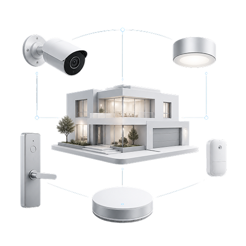 Modern smart home surrounded by smart devices: security camera, door lock, ceiling light, sensor, and hub.