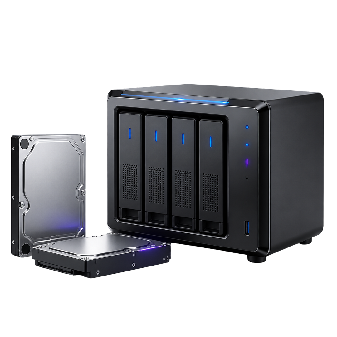 Black external hard drive enclosure with four slots and two silver hard drives nearby.