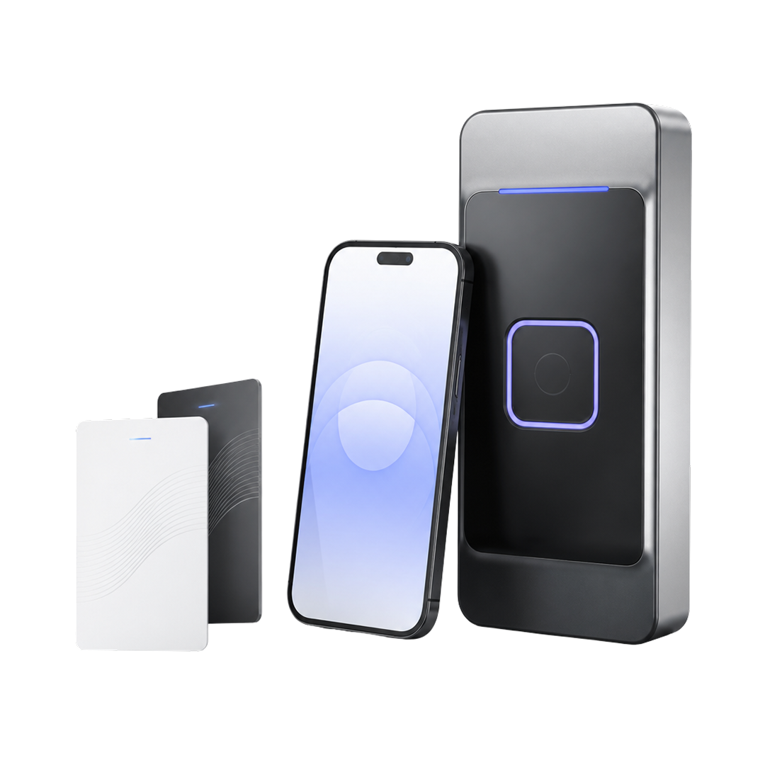 Access control system with two key cards, a smartphone, and a card reader device with blue light.