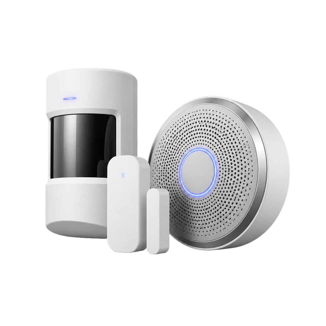 Smartphone and access cards next to a modern black and silver digital access control reader with blue lights.