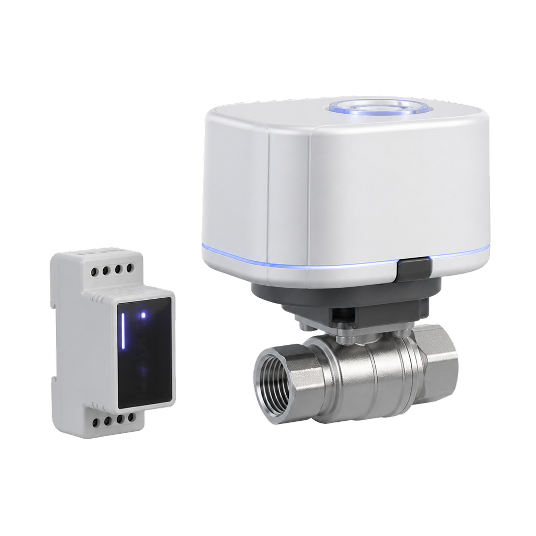 Electric valve actuator with a white rectangular control unit and a silver metal valve body.