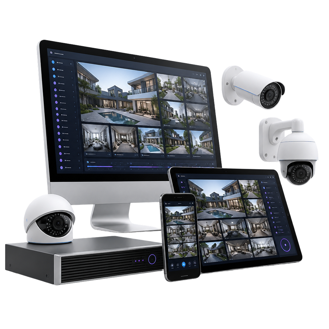 Office layout with desks, conference room, and network devices including switches, cameras, and laptops.