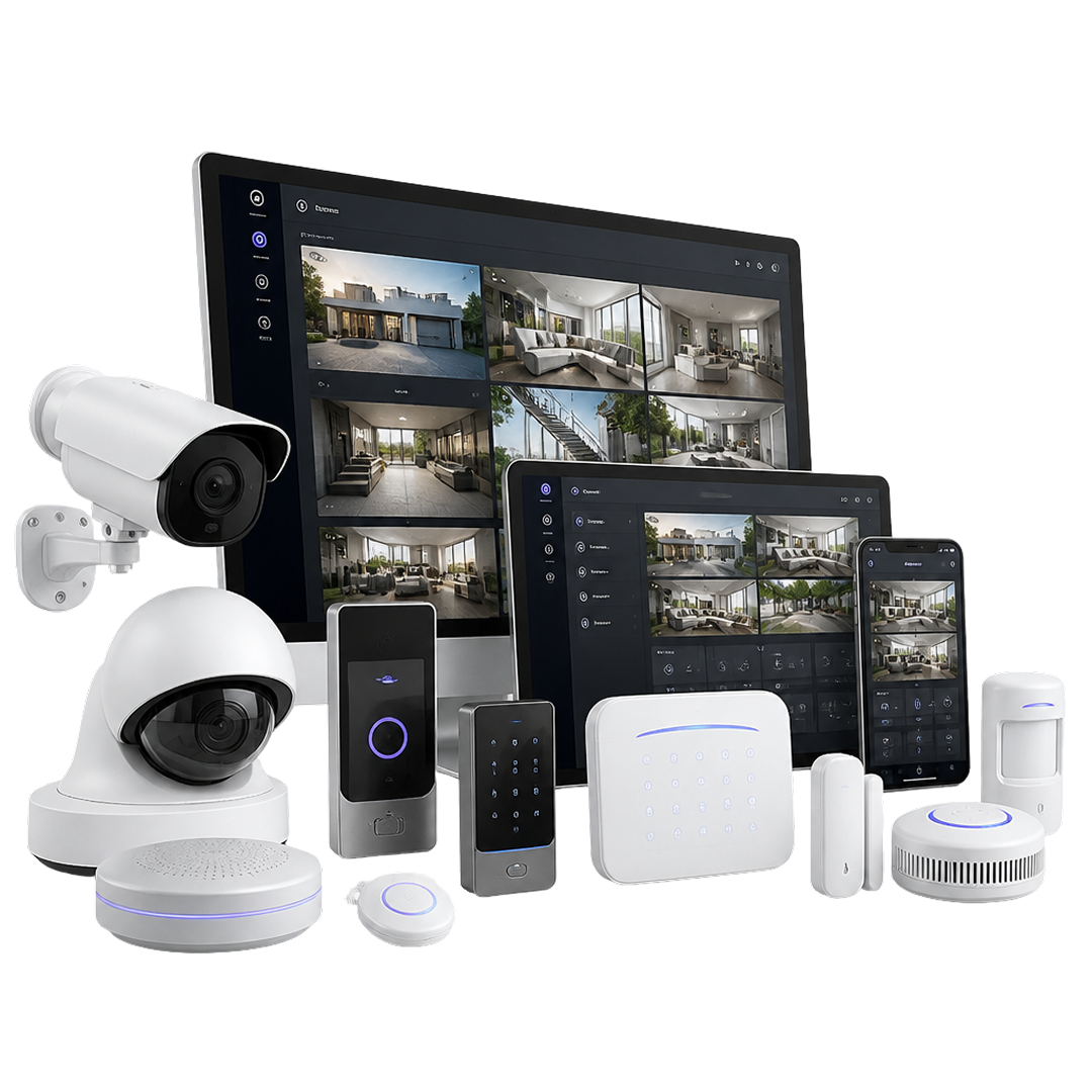Office layout with desks, meeting rooms, connected to network switches, access points, devices, and security camera.