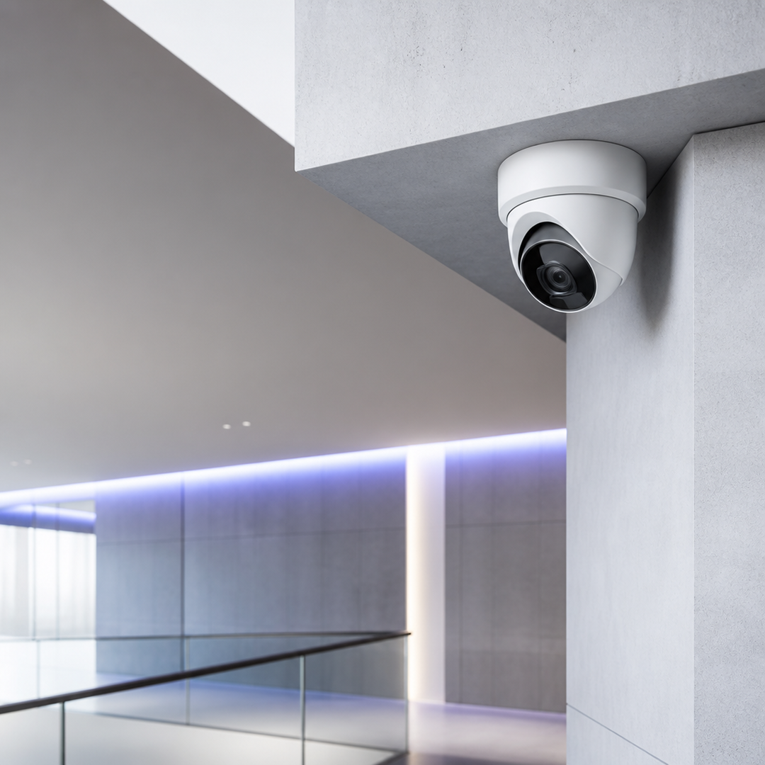 Smart home router devices with blue indicator lights on shelves in a modern room.