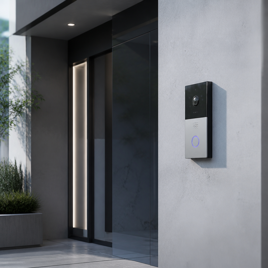 Network switch and two modern Wi-Fi routers on shelves inside a sleek gray cabinet.