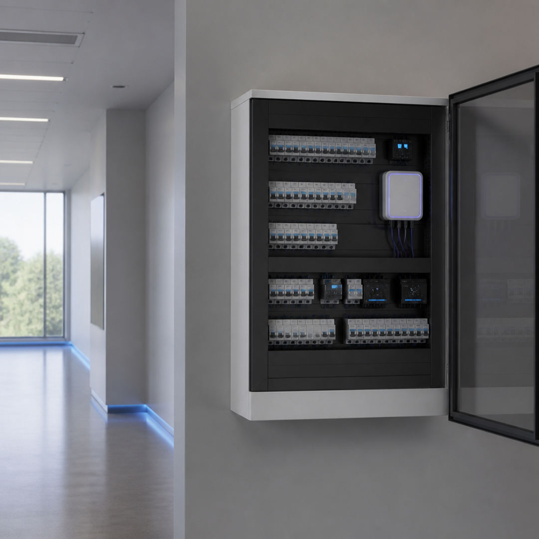 Modern networking devices with blue LED lights on gray shelves in a home interior.