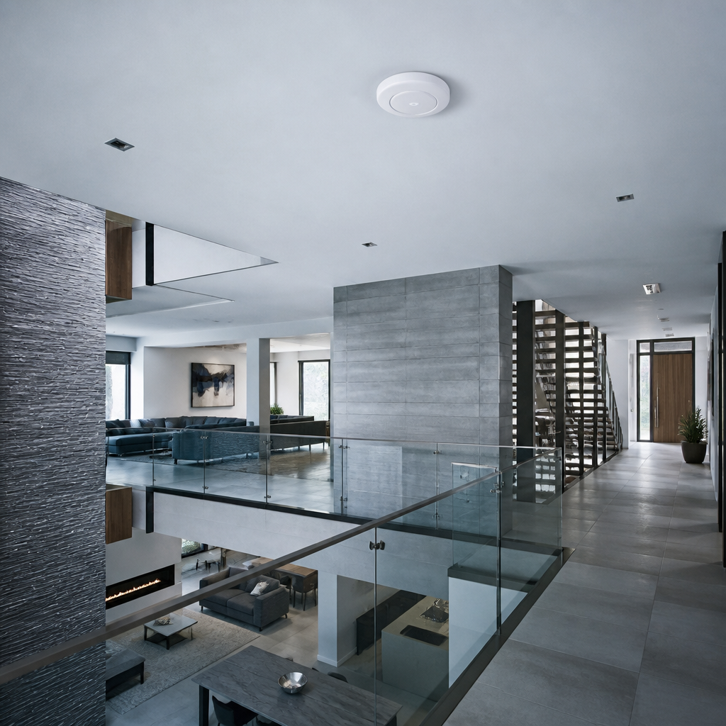 Modern open-plan home interior with glass railings, staircase, and minimalist furnishings.