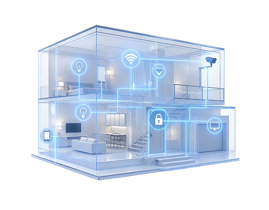 Two-story modern office with desks, chairs, security cameras, access control, and server rack.