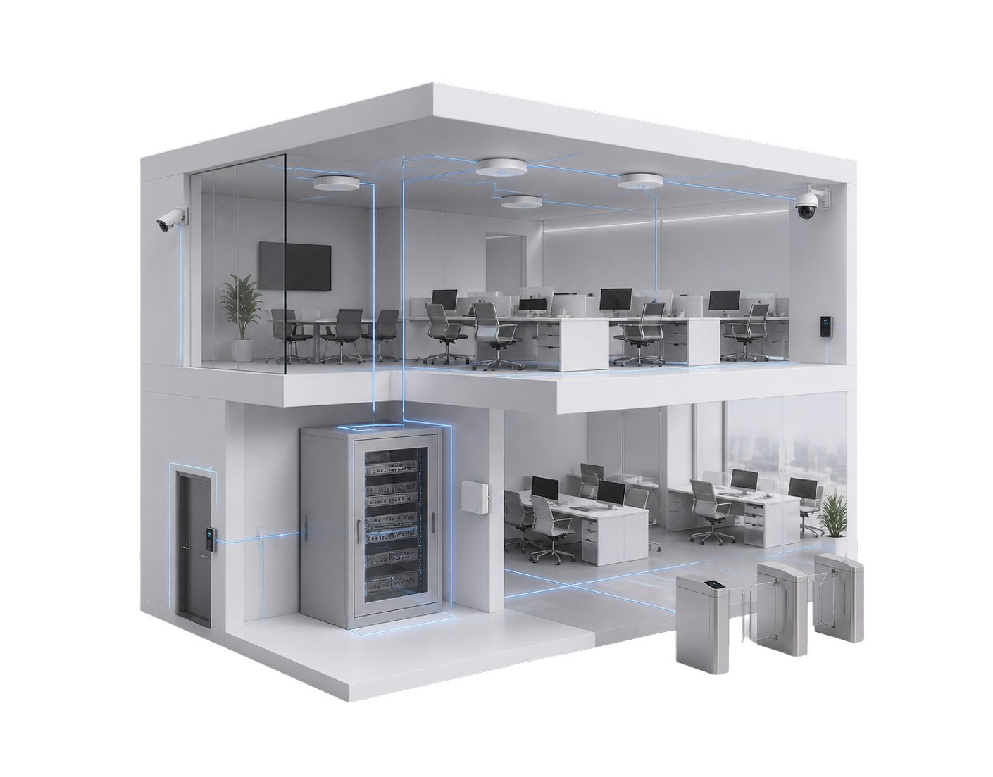 Two-story modern office with workstations, meeting room, security cameras, server rack, and access control gates.