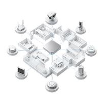 Isometric smart home layout with connected devices around a central hub in a square floor plan.