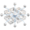 3D floor plan showing a house layout with numbered rooms and interconnected pathways.