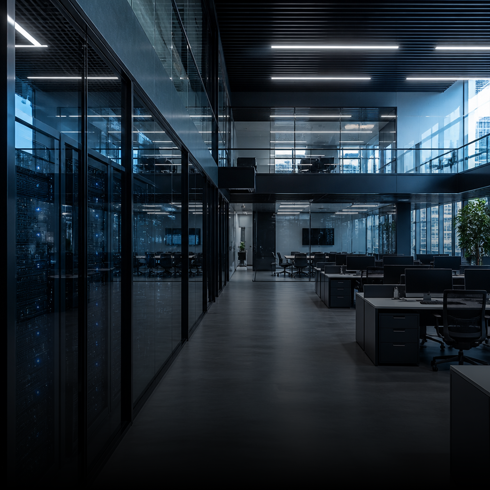 Modern office with rows of desks, computers, glass walls, and a visible server room on the left.