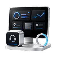 Monitor displaying data charts and icons with a headset and loading ring beside it on a platform.