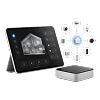 Smart home control panel with icons connected to a central hub device.