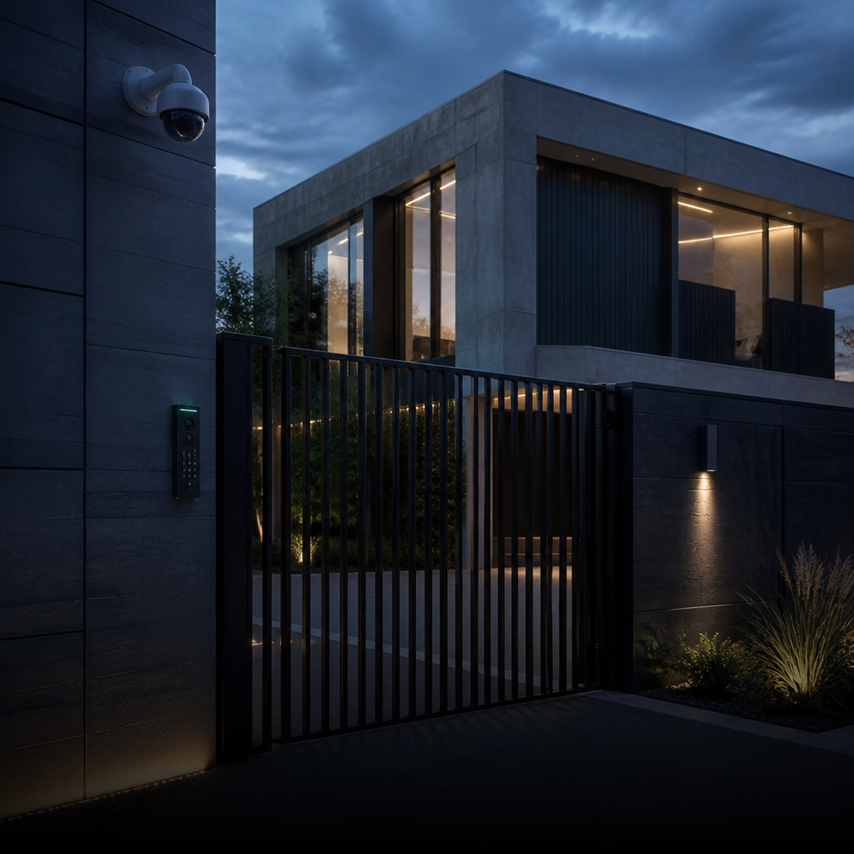 Modern house with large glass windows, a black metal gate, and security camera at dusk.