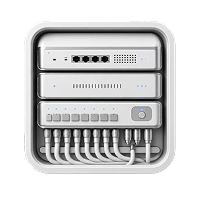 Close-up of a network patch panel with cables and Ethernet ports in a white frame.
