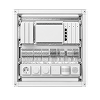 Front panel of an electrical control or distribution box with switches and connectors.