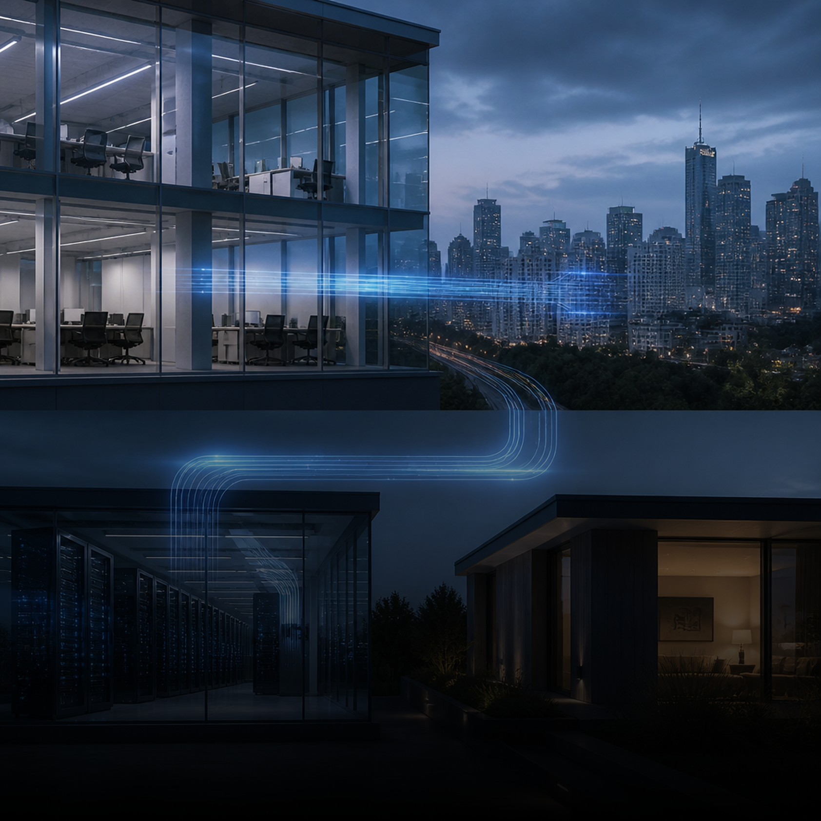 Digital data transfer represented by blue light streams connecting office, data center, and home at night.