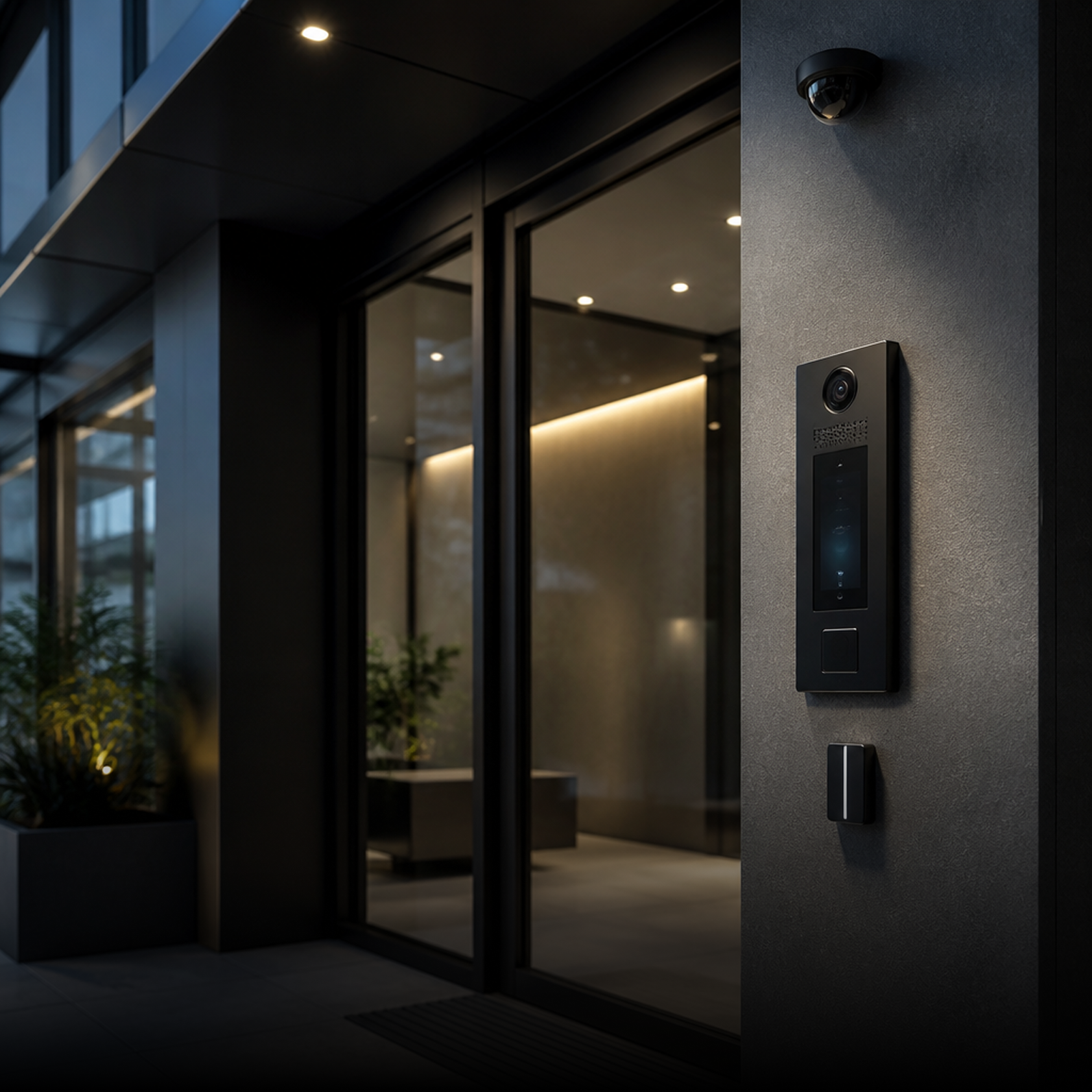 Modern building entry with glass doors and black security intercom system on the wall at night.