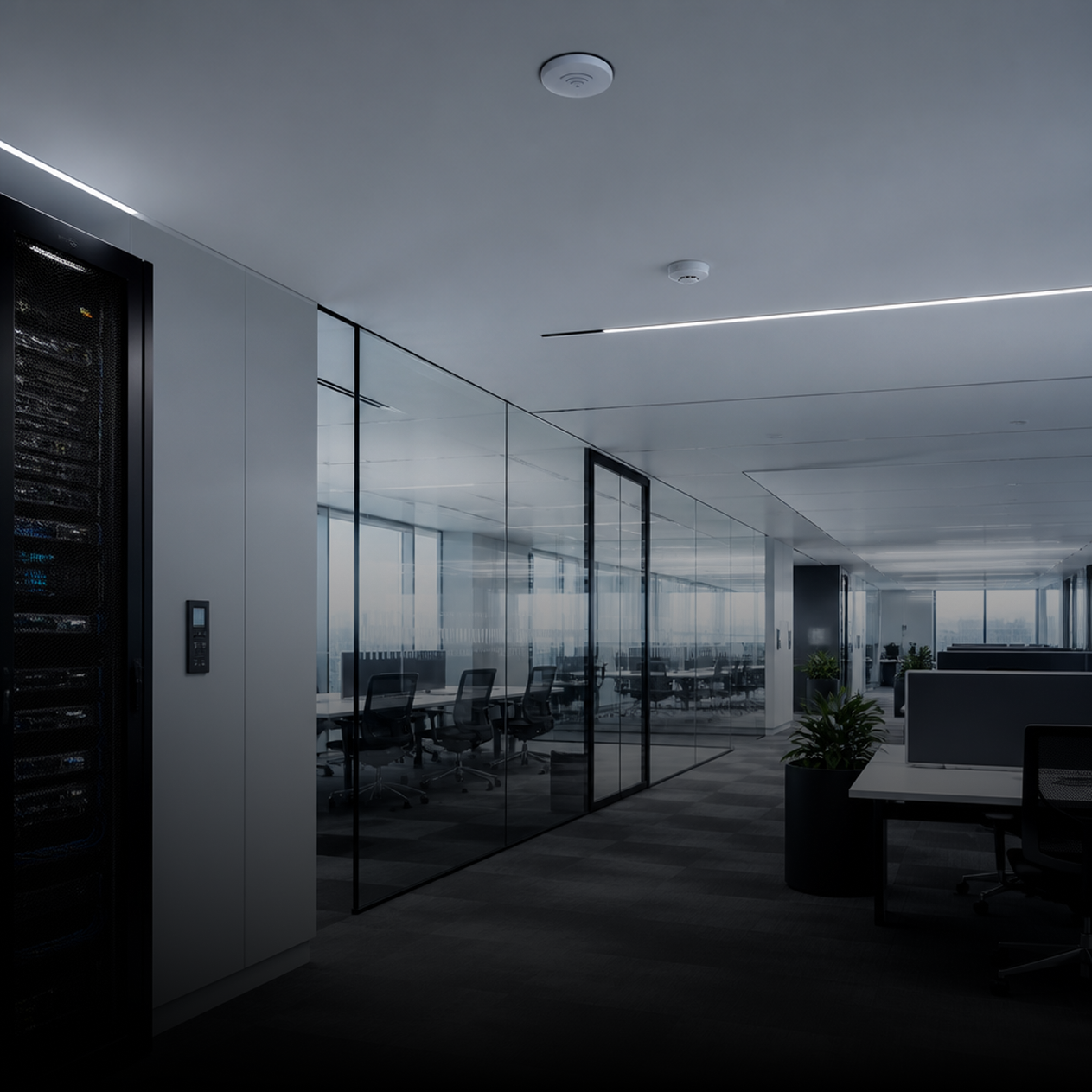 Modern office interior with glass-walled conference room, office desks, chairs, and plants.