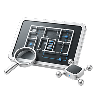 Tablet displaying a maze, with a magnifying glass and a drone-like device nearby.