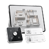 Smart home control devices next to a tablet showing a floor plan and system controls.