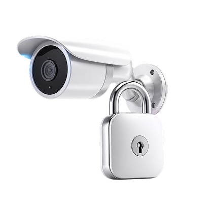 Silver security camera with a large padlock hanging from its mount on a white background.