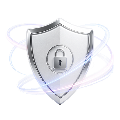 Metal shield with a padlock symbol in the center surrounded by glowing orbit lines representing security.
