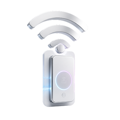 Smart lock device with glowing unlock icon and Wi-Fi signal waves above it.