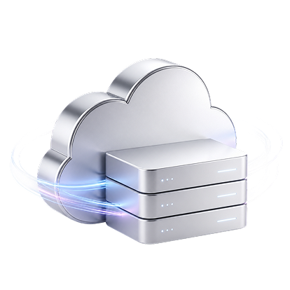 Metallic cloud icon with two stacked server units and swirling blue data streams around it.
