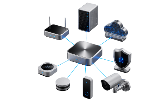 Metallic cloud icon with two stacked servers and swirling light rings around them symbolizing cloud storage.