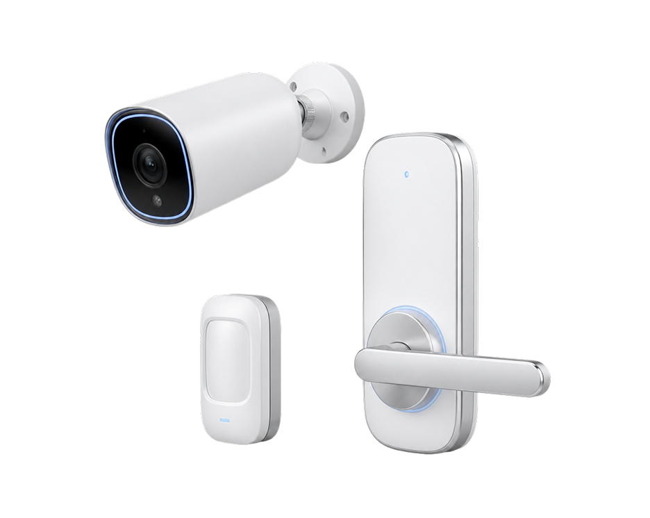White smart security camera, doorbell, and electronic door lock with handle on white background.