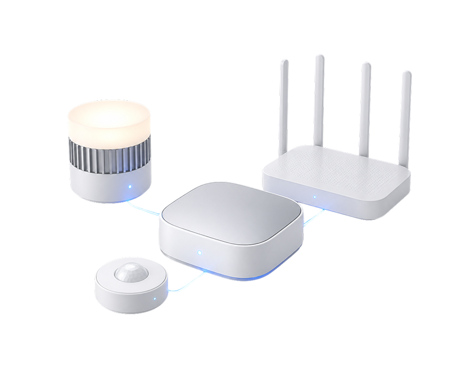 White smart home devices connected: light, motion sensor, hub, and router with four antennas.