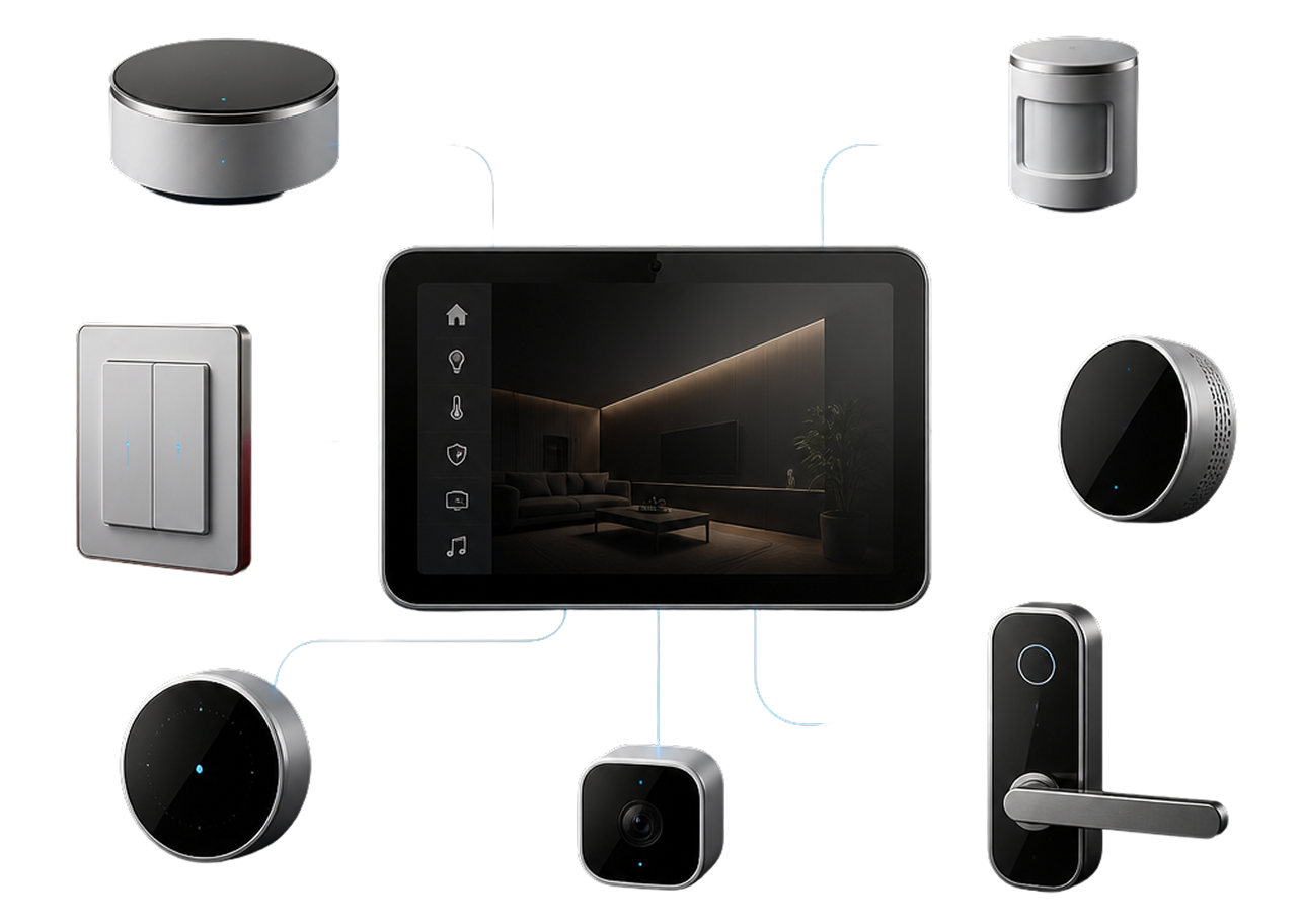 Central touchscreen panel connected to smart home devices including camera, thermostat, lock, and sensors.