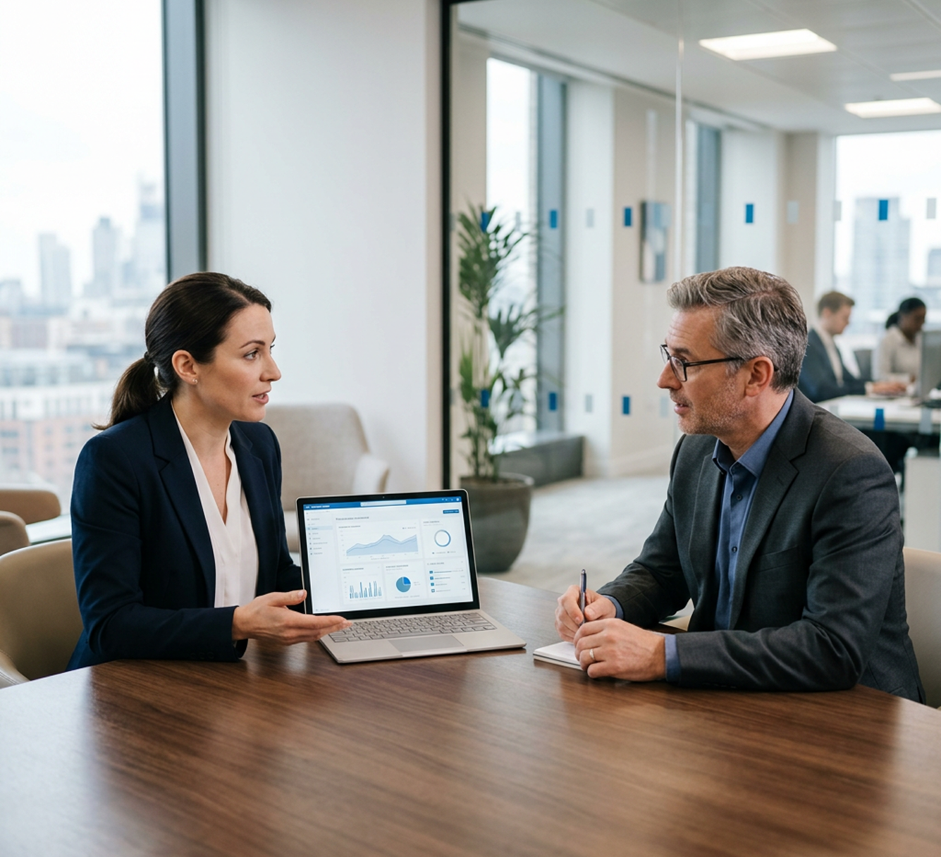 Woman showing a laptop with charts to a man taking notes during a business meeting in an office.